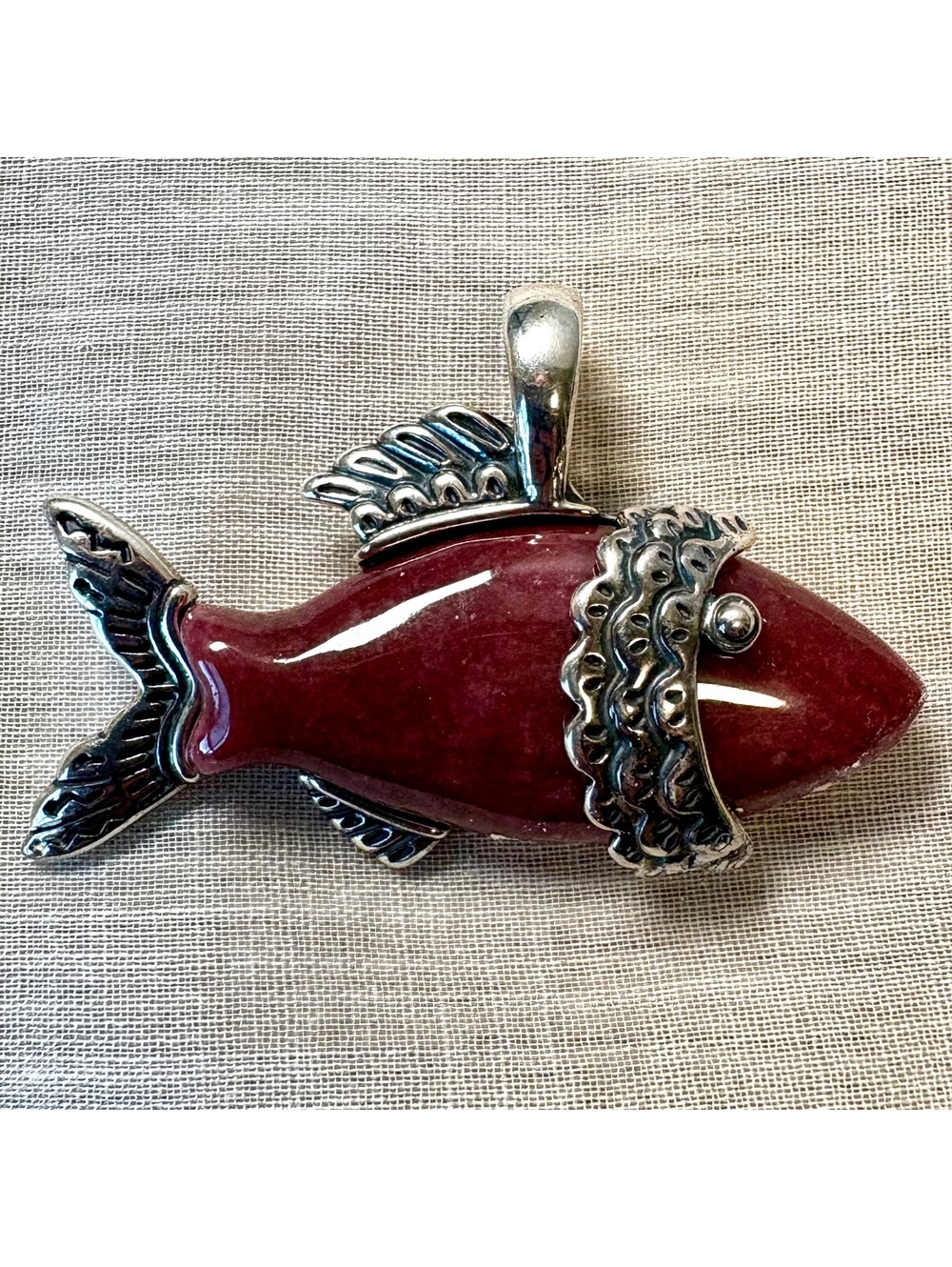 Sterling Silver 925 Red Stone Fish Pendant Artisan Statement Necklace Charm